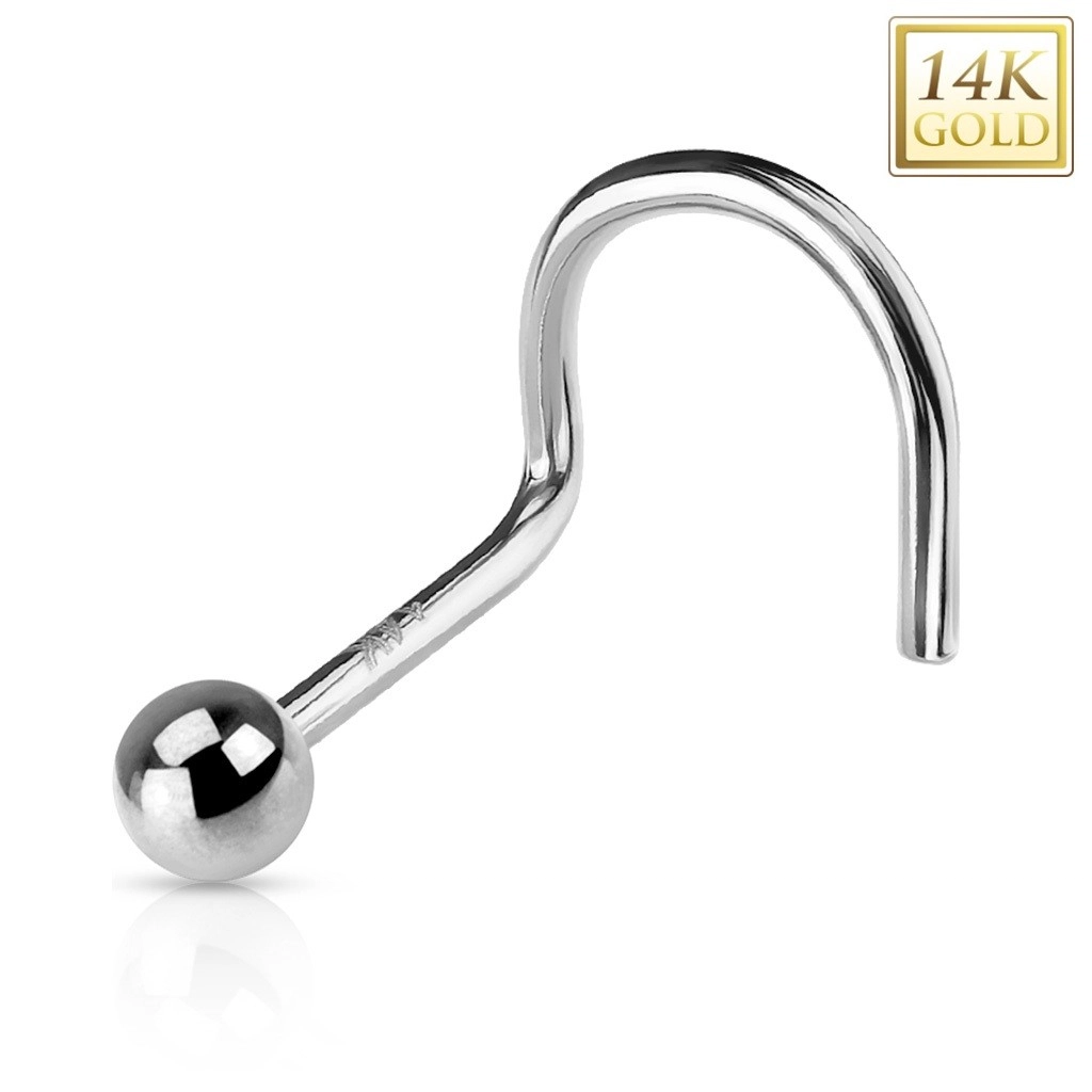 Zlatý 14K zahnutý piercing do nosu - lesklá hladká kulička, bílé zlato - Tloušťka piercingu: 1 mm