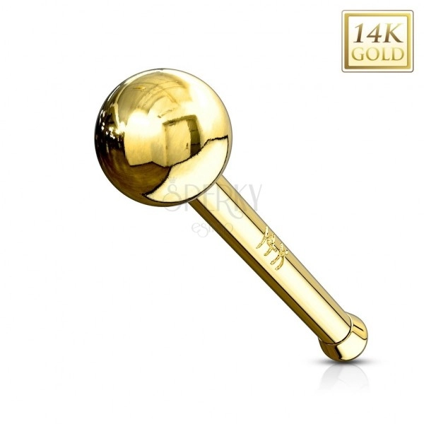 Rovný zlatý 14K piercing do nosu - lesklá hladká kulička, žluté zlato
