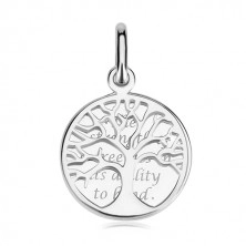 Stříbrný přívěsek 925, dvojitý kruh s vyřezávaným stromem a citátem