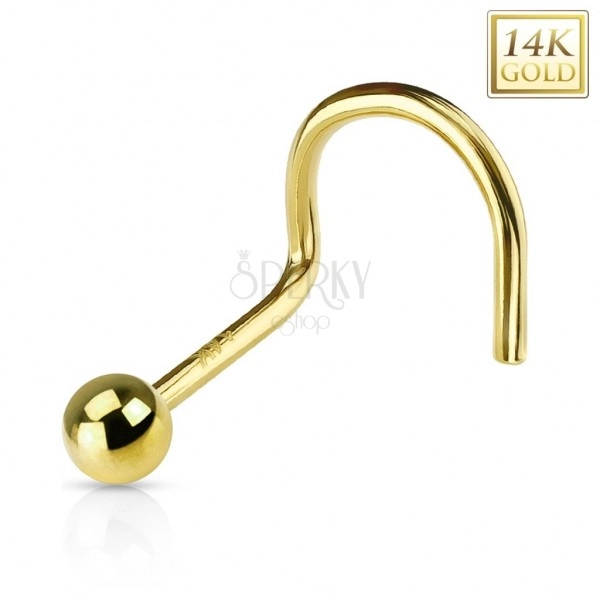 Zahnutý zlatý 14K piercing do nosu - lesklá hladká kulička, žluté zlato