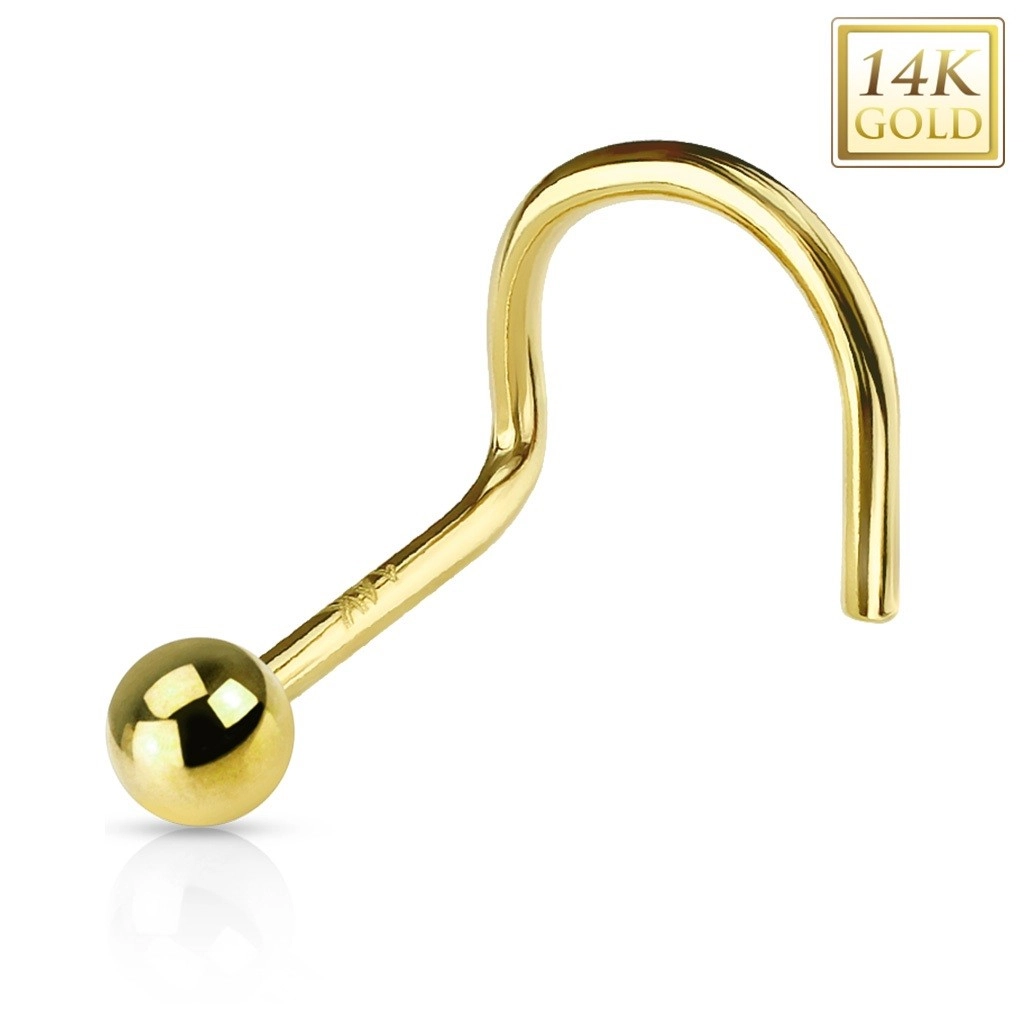 Zahnutý zlatý 14K piercing do nosu - lesklá hladká kulička, žluté zlato - Tloušťka piercingu: 1 mm