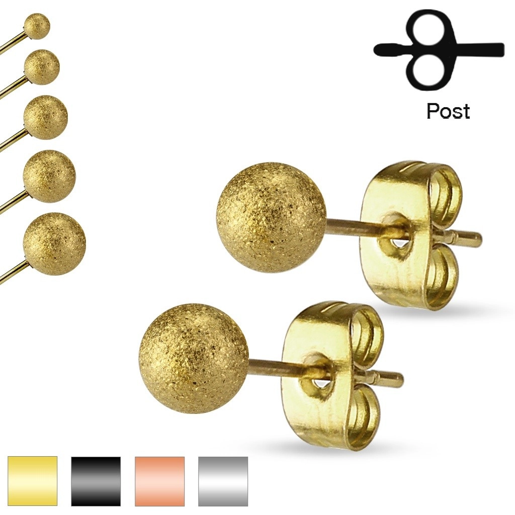 Puzetové náušnice, chirurgická ocel, pískované třpytivé kuličky, 6 mm - Barva: Zlatá