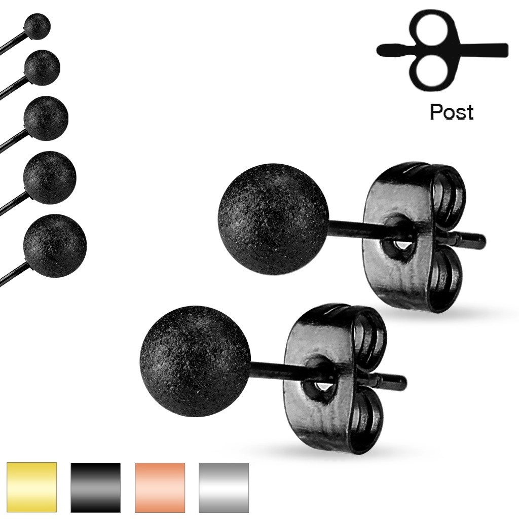 Puzetové náušnice, ocel 316L, pískované třpytivé kuličky, 7 mm - Barva: Černá
