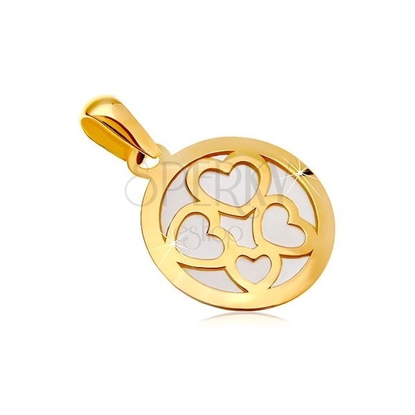 Přívěsek ze žlutého zlata 585 - kruh vyplněný bílou perletí, obrysy čtyř srdcí