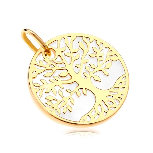 Přívěsek ve žlutém zlatě 585 - bílý perleťový kruh se stromem života