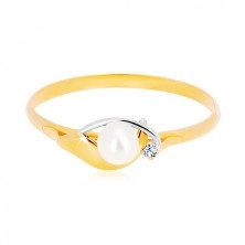 Diamantový prsten ze 14K zlata, dvoubarevné vlnky, čirý briliant a bílá perla
