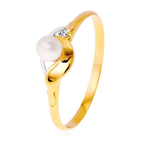 Diamantový prsten ze 14K zlata, dvoubarevné vlnky, čirý briliant a bílá perla - Velikost: 60