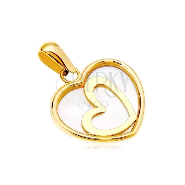 Přívěsek ze žlutého 14K zlata - srdce s perletí a šikmým obrysem uprostřed