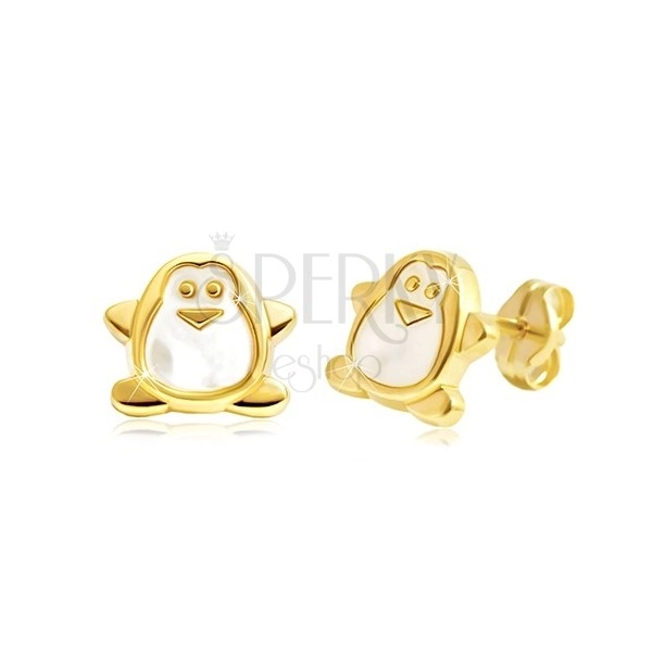 Náušnice ze žlutého zlata 585 - tučňák s bílou perletí, puzetky