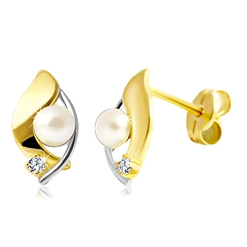 Briliantové náušnice ze 14K zlata, dvoubarevné zrnko, čirý briliant a bílá perla