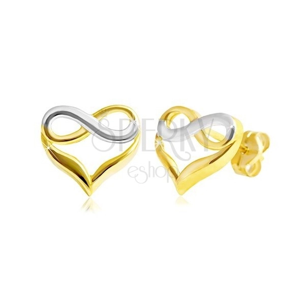 Zlaté puzetové náušnice 585 - dvoubarevné srdce se symbolem nekonečna