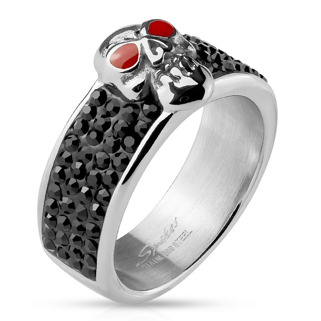 Ocelový prsten stříbrné barvy, lebka s červenýma očima, černé zirkony - Velikost: 59