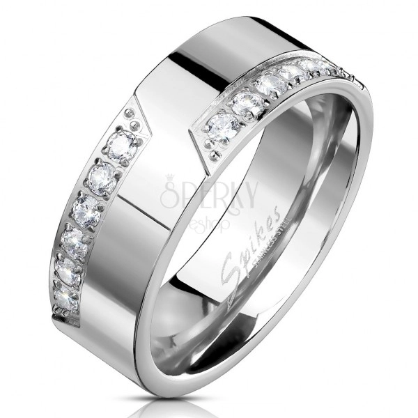 Prsten z oceli 316L, stříbrná barva, linie čirých zirkonů, 8 mm