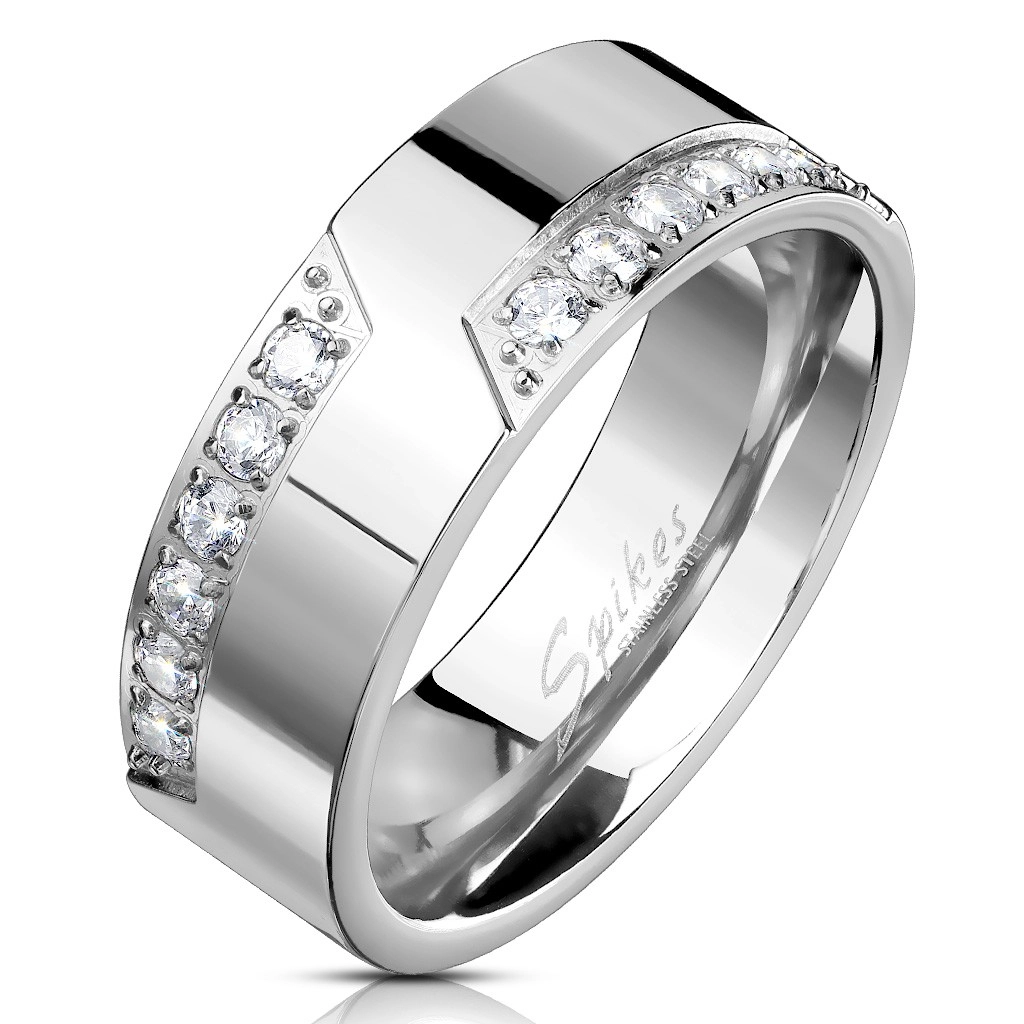 Prsten z oceli 316L, stříbrná barva, linie čirých zirkonů, 8 mm - Velikost: 65