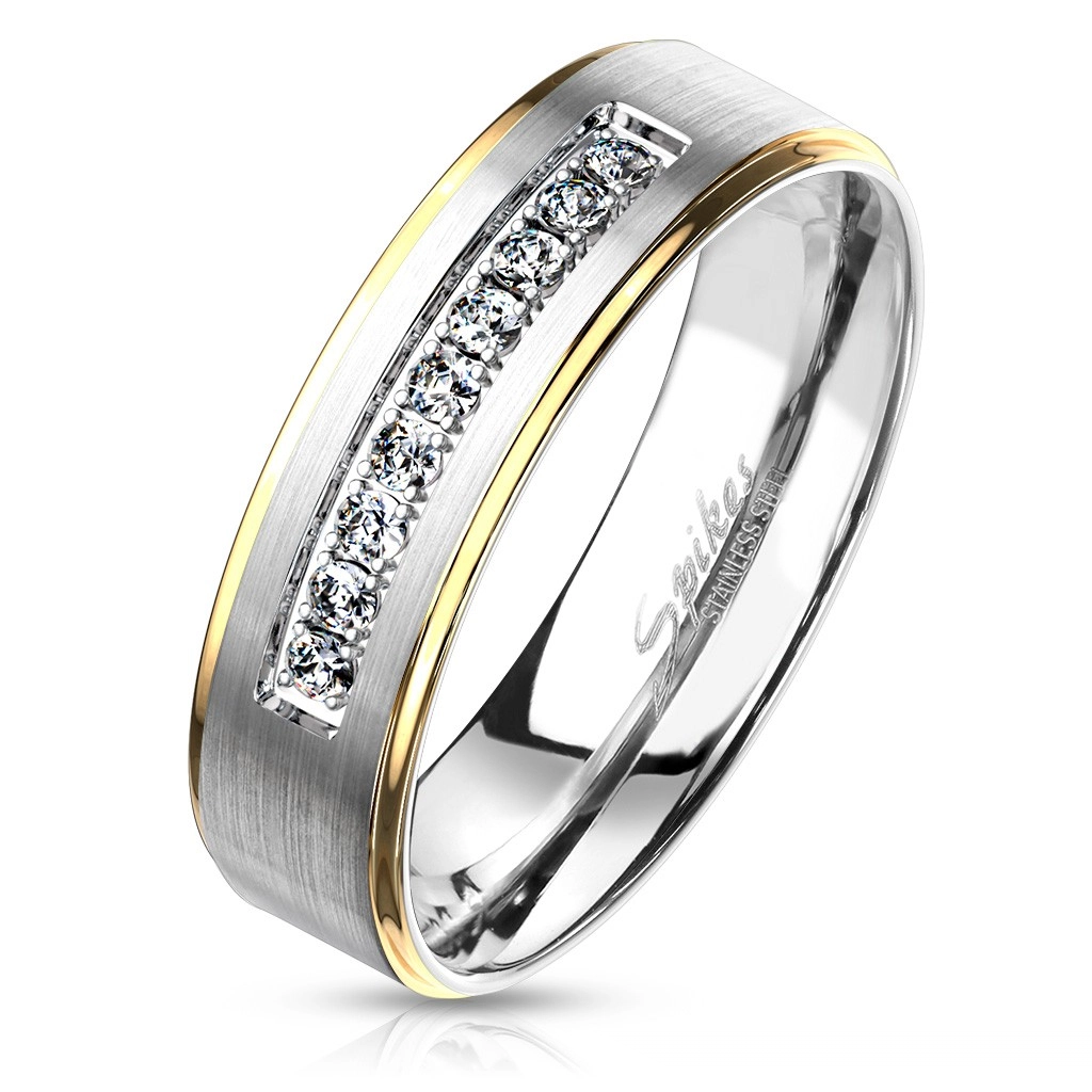 Dvoubarevný ocelový prsten, stříbrný a zlatý odstín, čiré zirkony, 6 mm - Velikost: 49