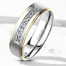 Dvoubarevný ocelový prsten, stříbrný a zlatý odstín, čiré zirkony, 6 mm