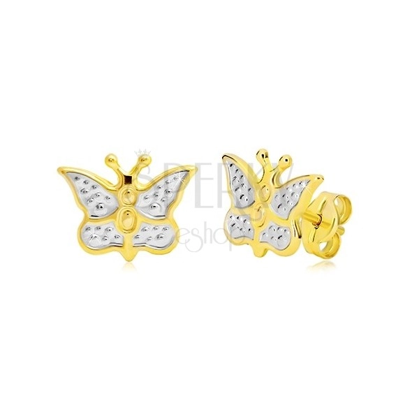 Zlaté náušnice 585 - motýlek zdobený bílým zlatem a tečkami