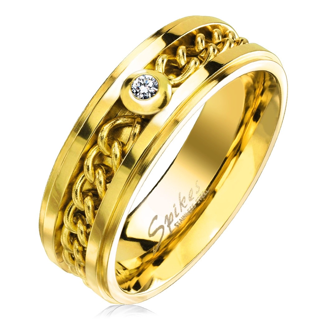 Prsten z chirurgické oceli zlaté barvy s řetízkem a čirým zirkonem, 7 mm - Velikost: 70