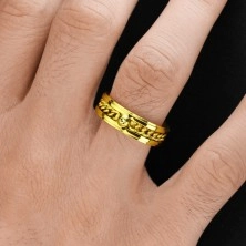Prsten z chirurgické oceli zlaté barvy s řetízkem a čirým zirkonem, 7 mm