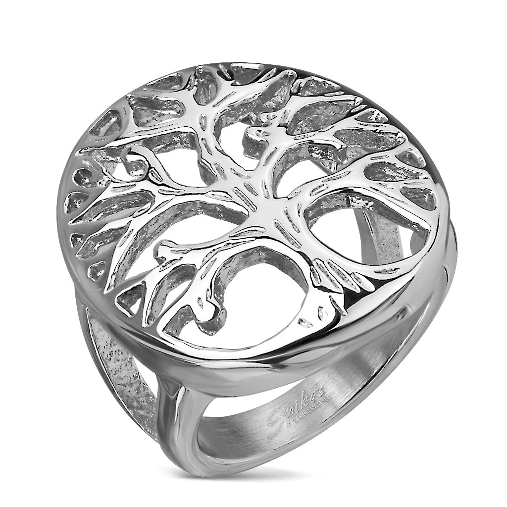 Prsten z chirurgické oceli s motivem stromu života ve velkém oválu, stříbrná barva - Velikost: 50