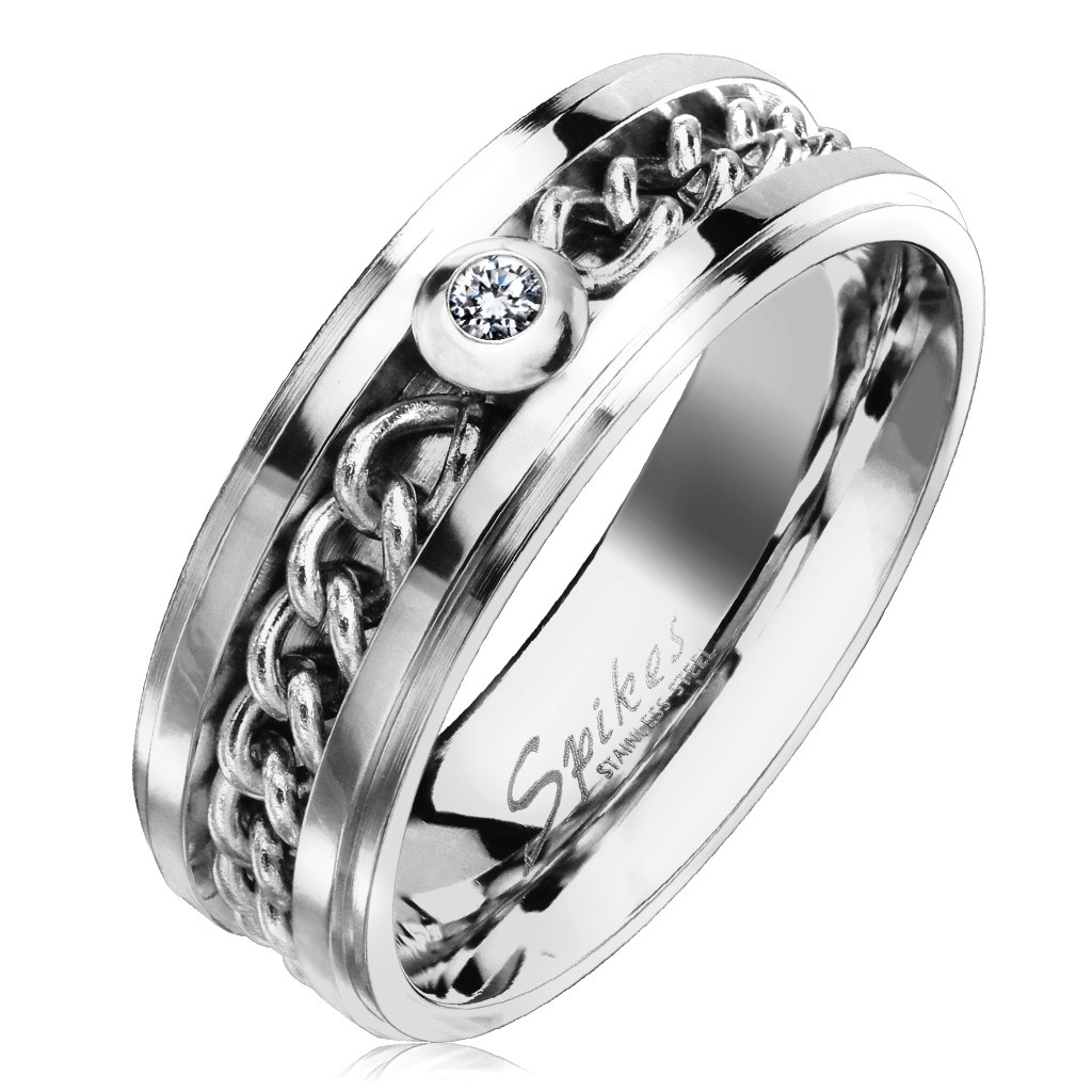 Ocelový prsten ve stříbrném odstínu s řetízkem a čirým zirkonem, 7 mm - Velikost: 60
