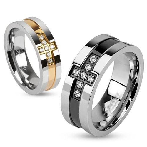 Ocelový prsten se zirkonovým křížem a pásem černé barvy, 8 mm - Velikost: 59