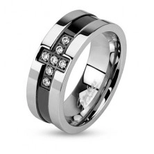 Ocelový prsten se zirkonovým křížem a pásem černé barvy, 8 mm