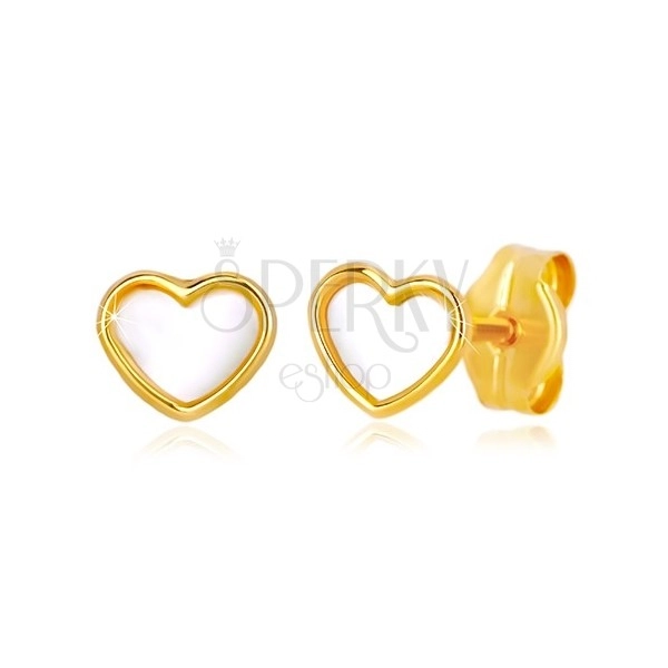 Puzetové zlaté 14K náušnice srdcovitého tvaru s přírodní perletí