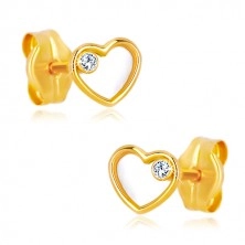 Náušnice ze žlutého zlata 585 - srdce s přírodní perletí a zirkonem