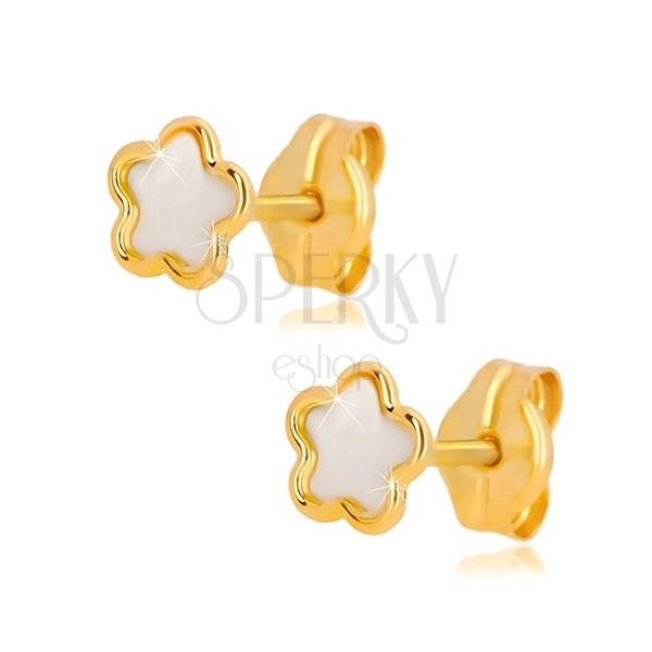 Náušnice ze žlutého 14K zlata - květ s přírodní perletí, puzetové