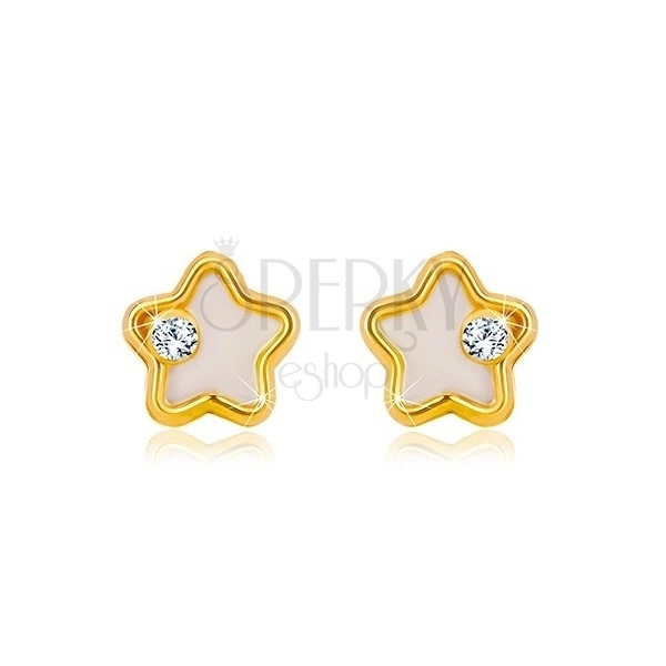 Zlaté náušnice 585 - hvězdička s bílou přírodní perletí a čirým zirkonem