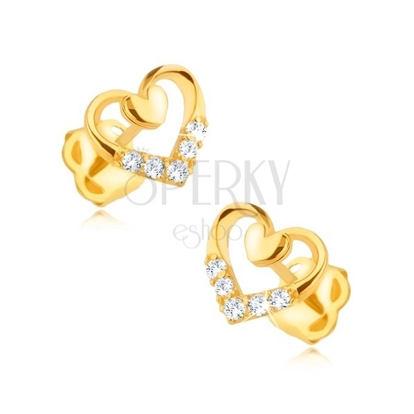 Diamantové náušnice ve 14K zlatě - obrys srdce s menším srdíčkem a brilianty