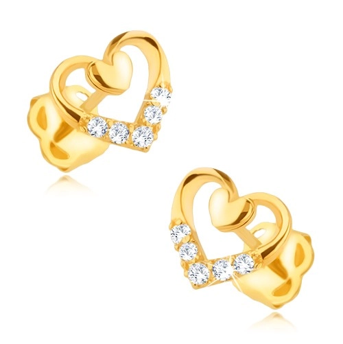 Levně Diamantové náušnice ve 14K zlatě - obrys srdce s menším srdíčkem a brilianty