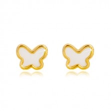 Puzetové náušnice ze žlutého zlata 585 - motýlek s přírodní perletí