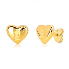 Náušnice ze 14K žlutého zlata - srdce s klíčovou dírkou, puzetové zapínání