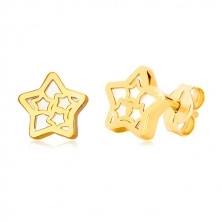 Náušnice ve 14K žlutém zlatě - hvězda s motivem hvězdiček a s perletí