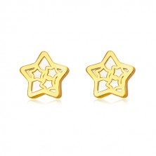 Náušnice ve 14K žlutém zlatě - hvězda s motivem hvězdiček a s perletí