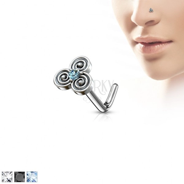 Zahnutý ocelový piercing do nosu s keltským motivem, zirkonek uprostřed