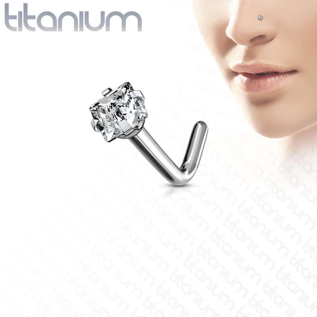 Zahnutý piercing do nosu z titanu - čtvercový broušený zirkon v kotlíku - Tloušťka piercingu: 1 mm, Velikost hlavičky: 3 mm