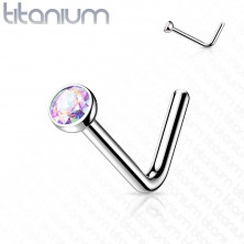 Zahnutý piercing do nosu z titanu - drobný kulatý zirkon v objímce, 0,8 mm