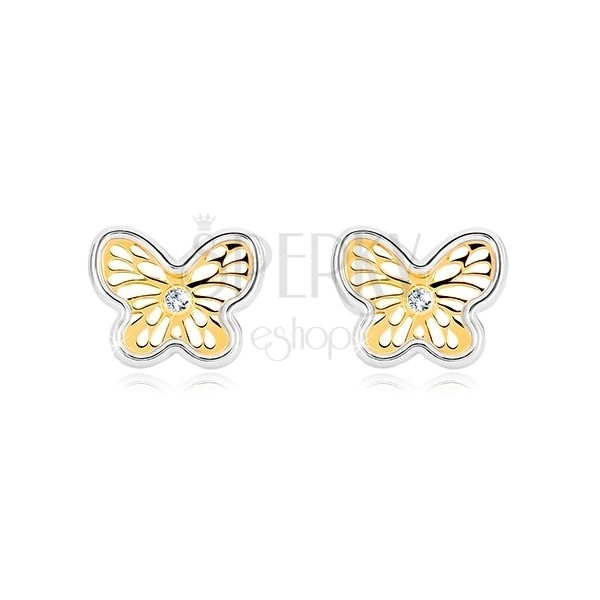 Náušnice z kombinovaného zlata 585 - ozdobně vyřezávaný motýlek se zirkonem