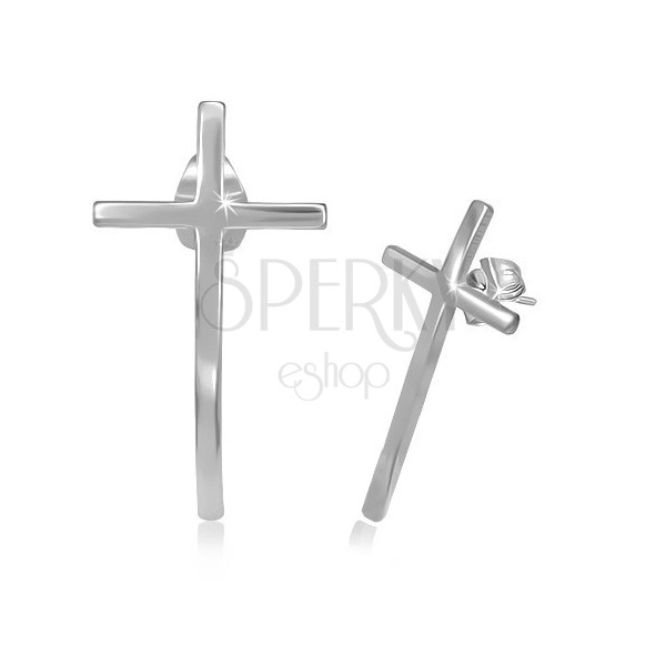 Puzetové náušnice z chirurgické oceli - úzký kříž s lesklým povrchem
