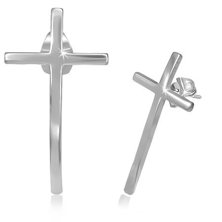 Puzetové náušnice z chirurgické oceli - úzký kříž s lesklým povrchem