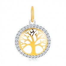 Přívěsek v kombinovaném 14K zlatě - kruh se stromem života, blýskavé zirkony