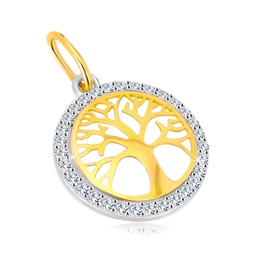 Přívěsek v kombinovaném 14K zlatě - kruh se stromem života, blýskavé zirkony