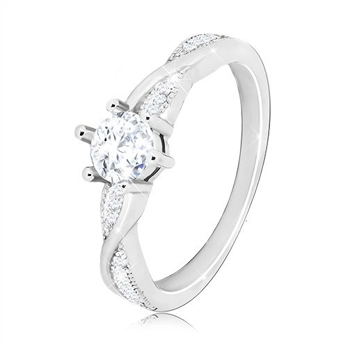 Zásnubní prsten ze stříbra 925 - kulatý zirkon, zvlněné lesklé linie, zirkonky - Velikost: 58