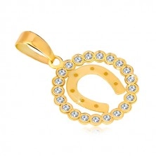 Přívěsek ze žlutého 14K zlata - zirkonový kruh a podkova pro štěstí