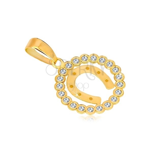 Přívěsek ze žlutého 14K zlata - zirkonový kruh a podkova pro štěstí