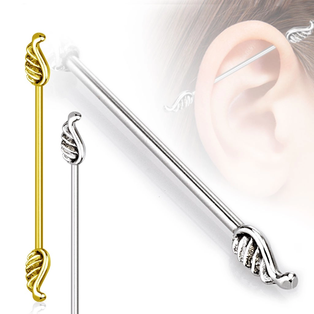 Piercing do ucha z chirurgické oceli - delší činka ukončená křídly, 1,6 mm - Barva piercing: Zlatá