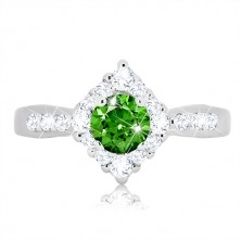 Stříbrný prsten 925 - čirý zirkonový kosočtverec, kulatý zelený zirkon